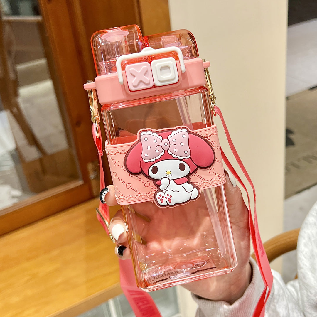 Premium Sanrio Cartoon Water Bottle – 520ML Double Drink Cup – Large Capacity Plastic Bottle for Students – Featuring Melody