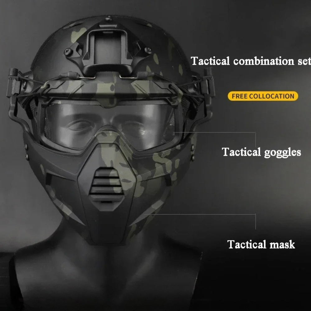 Premium Taktischer FAST Helm Halbschutzmaske mit Klappschutzbrille – Jagd, Airsoft, Paintball Maske, Helmazubehör für Schießen & taktische Ausrüstung